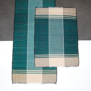 Peut inclure: Deux tapis tissés rayés de turquoise et crème avec des bords frangés. Le plus grand tapis est plus long que le plus petit.