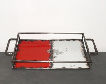Servier Tablett mittel aus recycelten Ölfässern aus Afrika | 39x25x5,5 cm | modern | rot-weiß | Deko Platte für Essen Getränke Küche Bad