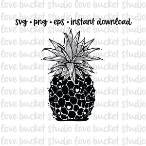 May include: Black and white line art illustration of a pineapple with hearts on the fruit. The text "svg.png.eps. instant download" is at the top of the image.