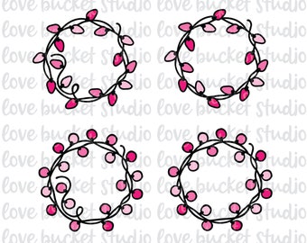 ピンクのクリスマスライトリースSVG、ピンクのストリングライトオーナメントSVG、クリスマスリースストリングライトアート、ピンクのクリスマスライトSVG、季節のSVG