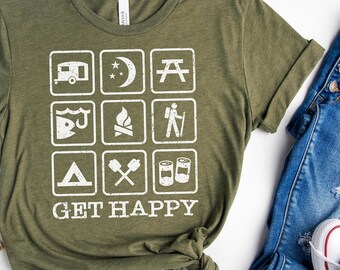 Get Happy Camping png, camping rétro png, svg de feu de camp, camper Svg, vintage vie de camp Svg, camping signe Svg, signe de symboles de camp de parc d'état