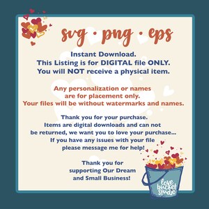 K&ouml;nnte beinhalten: Ein digitaler Download-Eintrag f&uuml;r SVG-, PNG- und EPS-Dateien. Die Liste enth&auml;lt eine Grafik eines Eimers voller roter und gelber Herzen. Der Text "love bucket studio" befindet sich am unteren Rand des Bildes.