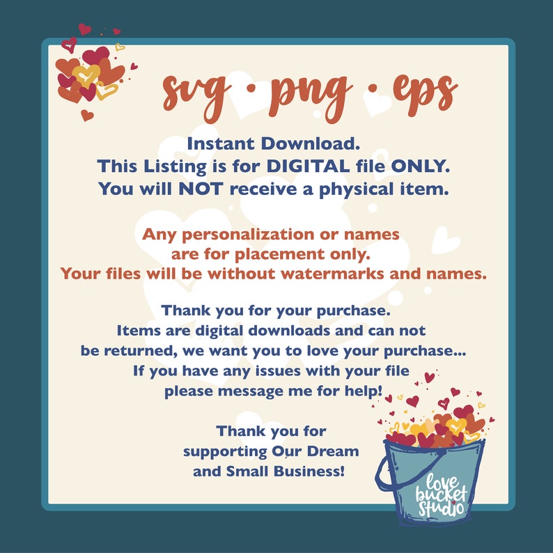K&ouml;nnte beinhalten: Ein digitaler Download-Eintrag f&uuml;r SVG-, PNG- und EPS-Dateien. Die Liste enth&auml;lt eine Grafik eines Eimers voller roter und gelber Herzen. Der Text "love bucket studio" befindet sich am unteren Rand des Bildes.