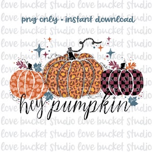 May include: Three pumpkins with different patterns. The pumpkin on the left is orange with a heart pattern. The middle pumpkin is orange with a leopard print. The pumpkin on the right is black and white checkered. The text "hey pumpkin" is written below the pumpkins.