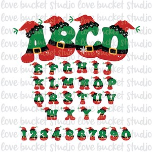 May include: A Christmas alphabet and numbers with a green and red elf design. The letters and numbers are decorated with a Santa hat, a green belt, and white snowflakes.