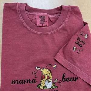 Comfort Colors® Embroidered Custom Mama Bear Shirt, Custom Mama Embroidered Sweatshirt Mama with Kid Name on Sleeve Embroidered Mother&#39;s Day