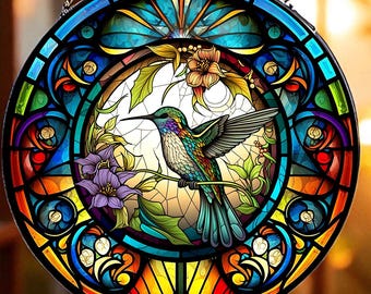 Hummingbird Stained Glass Suncatcher, Hummingbird Window Hanging, Bird Wall Art Decor, Acrylic Window Hanging, Hummingbird Sympathy Gift