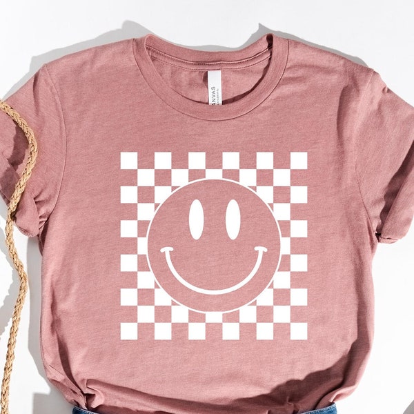 Smiley Face Shirt, Happy Face Hoodie, Smiley Face Checkered Shirt, Retro Shirt Women, Boho Shirt Girls, Trendy Vintage Shirt, Cadeau voor haar