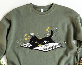 Cat Mom Shirt, Cat Lover Tee, Cute Book Cat Shirt, Floral Book Shirt, Book Lover Sweatshirt, Reader Bookish Tee, Cat Themed Gifts For Women