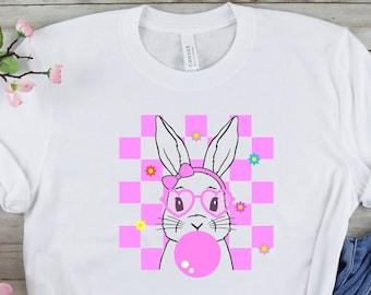 Pink Rabbit Shirt, Easter Gift For Girls, Cute Bunny Shirt, Cute Easter T-Shirt, Pink Easter Girl Tee, Bubble Gum Bunny Shirt, Ladies Easter