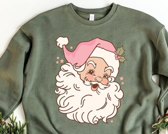Pink Retro Santa Shirt, Christmas Sweatshirt, Women Christmas Tee, Cute Vintage Santa Gift, Classic Christmas Tee, Cute Santa Claus Xmas Tee
