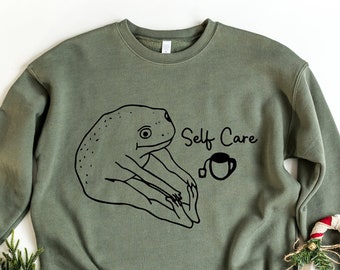 Lustiges Frosch-Selbstpflege-Hemd, lustiger Frosch-Selbstpflege-Retro- Sweatshirt, lustiges Hemd, Geburtstagsgeschenk für sie, Cottagecore Frosch-Hemd, positive Stimmung