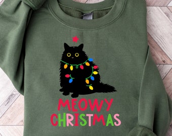 Meowy Christmas Sweatshirt, Cat Christmas Sweatshirt, Cat Lover Xmas T-Shirt, Black Cat Christmas, Cat Mom Gift, Cat Lover Gift For New Year