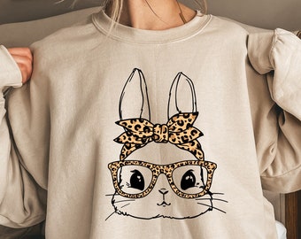 Bunny with Leopard Glasses shirt, Easter sweatshirt, Easter bunny graphic tee, Easter shirts for women, Ladies Easter Bunny tee, Easter Gift