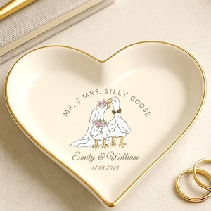 Silly Goose Bride & Groom Ring Dish, Funny Ceramic Ring Holder, Heart or Round Dish, Custom Wedding Gift, Ships Next Day, Bridal Gift
