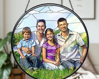 Custom Stained Glass Family Suncatcher, Personalized Photo Suncatcher, Window Hanging Keepsake Gift for Mom Dad Kids, Family Keepsake Gift