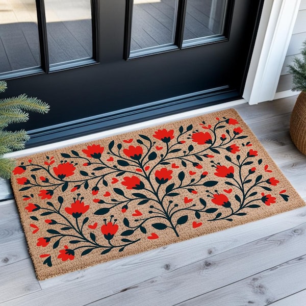 Retro Poppy Doormat, Boho Modern Floral Welcome Mat, Scandinavian Botanical Home Decor, Poppy Flower Doormat, Welcome Doormat