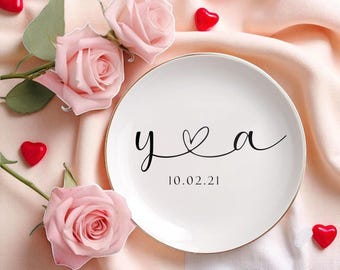 Personalized Engagement Ring Dish, Wedding Gift, Gift For Bride and Groom, Anniversary Gift, Initials Heart Date Ring Dish, Bridal Shower