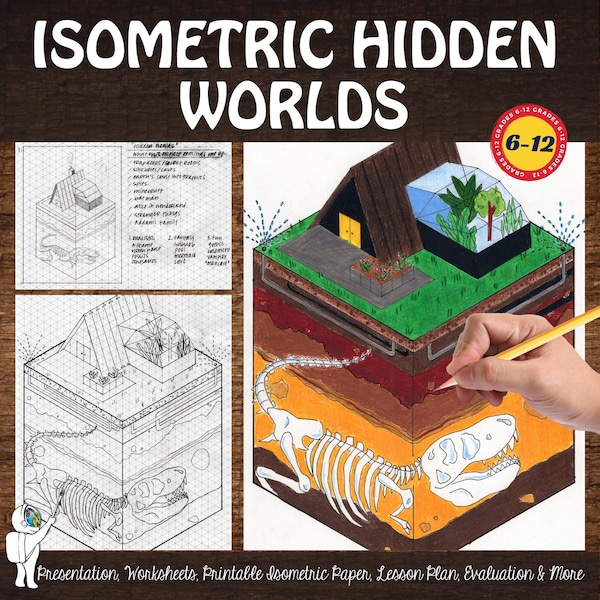 Isometric Subterranean Worlds, Perspective, High School Art Project, Middle School Art Project, Isometric Perspective Drawing Grades 6-12