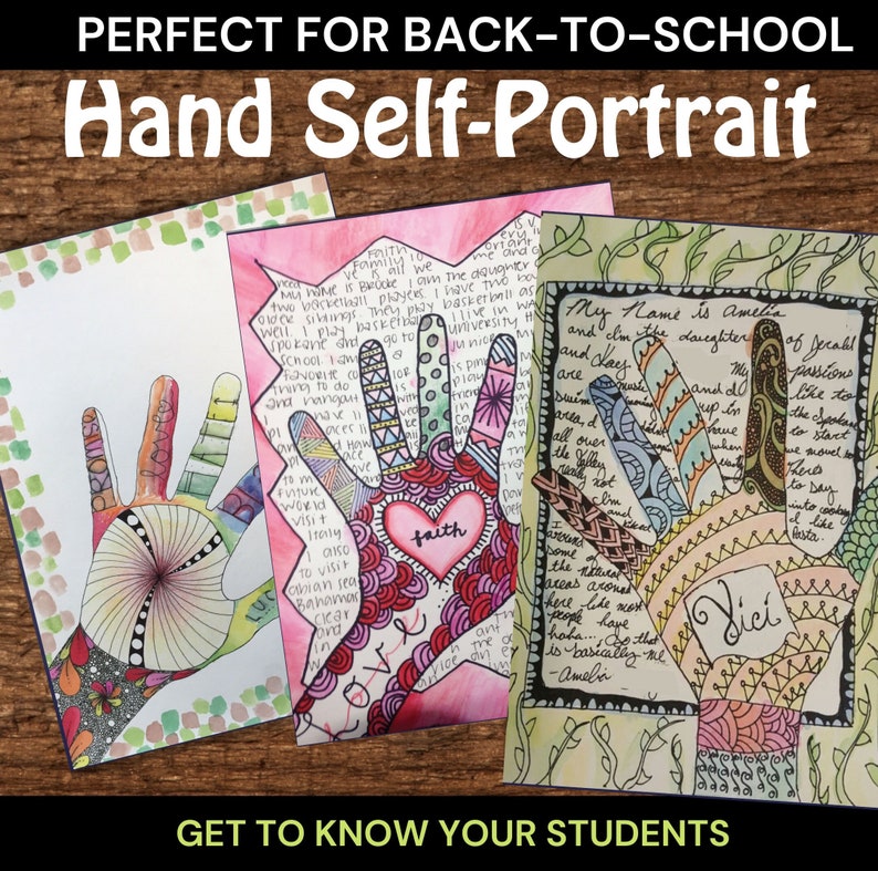 Zendoodle Hand Self Portraits Art & ELA Lesson Back to School Activity