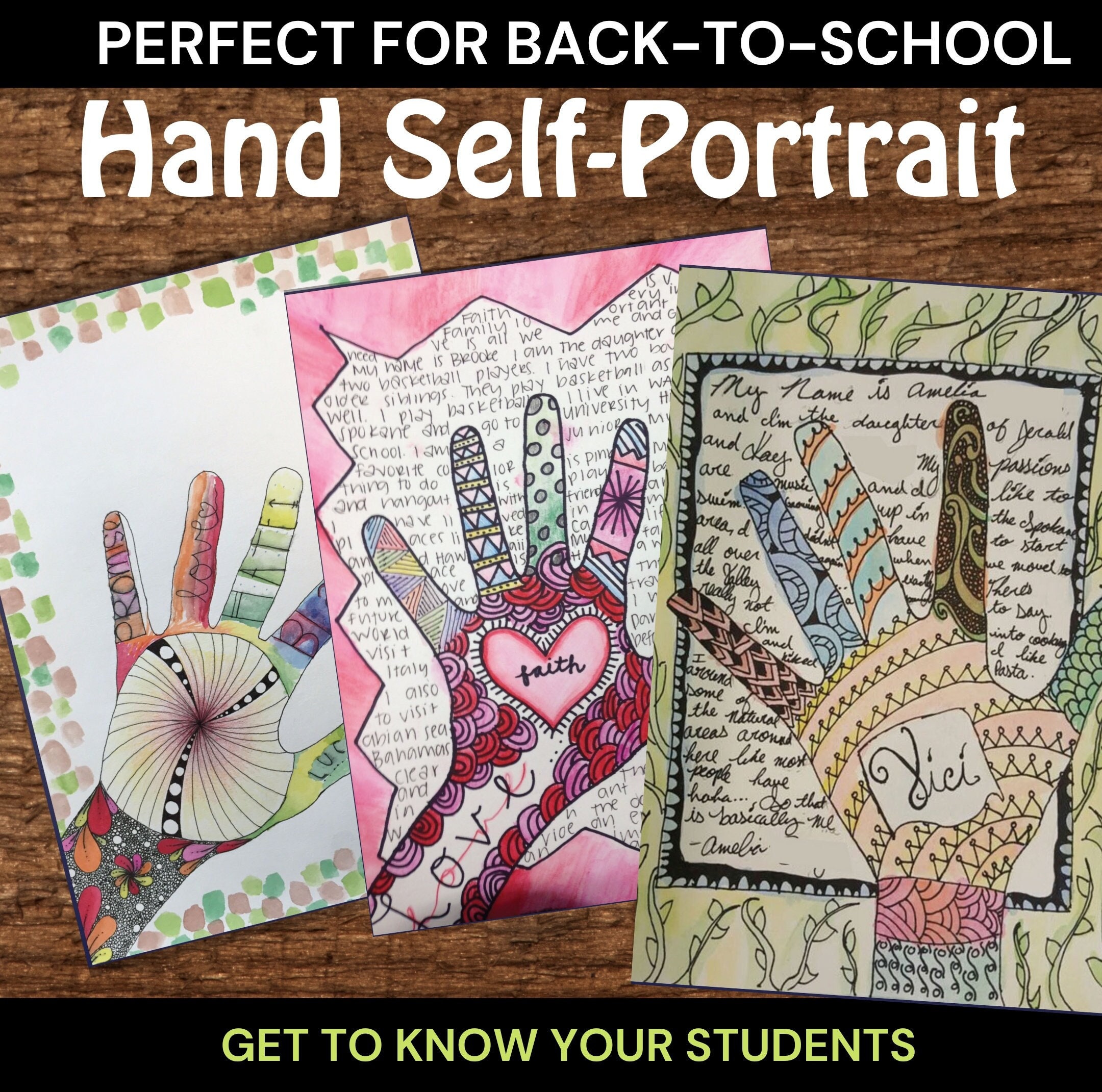 Zendoodle Hand Self Portraits Art & ELA Lesson Back to School Activity, Middle or High School Art or ELA