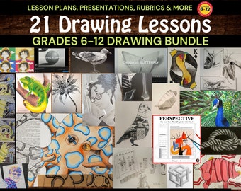 May include: A collage of 21 drawing lessons for grades 6-12. The images include a variety of subjects, such as animals, people, and objects. The lessons are designed to help students learn the basics of drawing, as well as more advanced techniques.