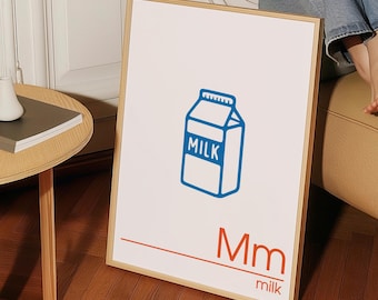 Estampado de leche / Arte mural independiente / Decoración del hogar divertida y nostálgica / Tamaños A4–A2 / Impreso en el Reino Unido / Ecológico / Arte para bebidas / Alfabeto / Póster de cocina