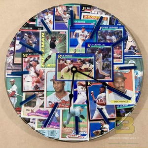 Reloj de pared con tarjetas deportivas - Reloj con tarjetas de béisbol vintage - Decoración para sala de juegos o cueva de hombre - Decoración de béisbol para niños - Reloj de béisbol - Deportes