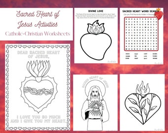 Pacote de planilhas do Sagrado Coração de Jesus, páginas para colorir cristãs, artesanato bíblico para crianças, dia de festa da igreja católica para impressão
