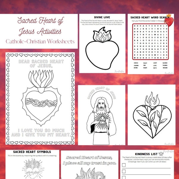 Sacred Heart of Jesus Worksheet Bundle, Christian Coloring Pages, Bible Crafts for Kids, Catholic Church Feast Day Printable