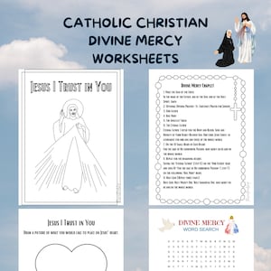 Puede incluir: Hojas de trabajo imprimibles en blanco y negro para la Divina Misericordia Católica Cristiana. Las hojas de trabajo incluyen una página para colorear de Jesús, un crucigrama de búsqueda de palabras y una guía de oración del Rosario de la Divina Misericordia.
