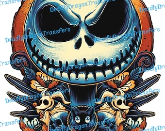 Op de afbeelding: Een digitale illustratie van Jack Skellington, de Pumpkin King uit The Nightmare Before Christmas, met een blauw en wit gezicht, een zwarte kat en een schedel met een pompoen erop. De afbeelding is omringd door oranje en rode bloemen.