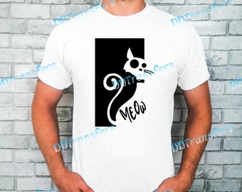 May include: White t-shirt with a black silhouette of a cat with the word "MEOW" printed on it.