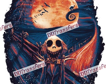 Op de afbeelding: Een digitale illustratie van Jack Skellington uit The Nightmare Before Christmas. Hij staat voor een grote, oranje maan met een zwarte kat op een tak. De achtergrond is een donkerblauwe en rode lucht met sterren.