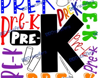 May include: A colorful graphic design featuring the letter K and the words "PRE-K" repeated in various colors and styles. The design includes a backpack, crayons, and a paintbrush.