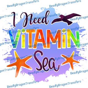 May include: A watercolor design with a rainbow-colored "VITAMIN SEA" text, a purple seagull, and two orange starfish on a light blue background.