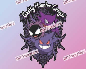 May include: A purple, black, and white illustration of the Pokemon characters Gengar, Haunter, and Gastly. The characters are surrounded by a decorative, ornate, purple frame. The text "Gastly Haunter Gengar" is written in a purple, gothic font around the characters.