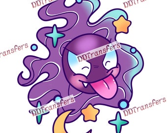 May include: Purple cartoon character with a big tongue sticking out, surrounded by a swirling purple and blue nebula with stars and a crescent moon.