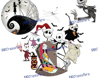 Op de afbeelding: Een kleurrijke illustratie van personages uit de film Nightmare Before Christmas. De personages zijn Jack Skellington, Sally, Oogie Boogie en Zero. De illustratie is tegen een zwart-witte achtergrond met volle maan.