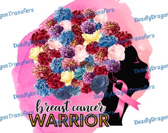 May include: A black silhouette of a woman with a pink ribbon and a floral crown. The crown is made of pink, red, blue, and yellow flowers. The text "breast cancer warrior" is written in gold glitter below the woman's head.