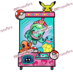 May include: A colorful illustration of a claw machine featuring popular cartoon characters. The machine is pink and teal, with a claw holding a green Bulbasaur. Other characters include Charmander, Squirtle, and Pikachu. A Poké Ball is on the side.