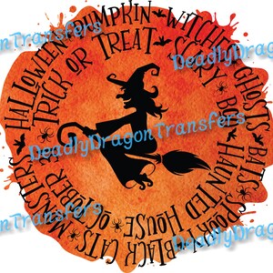 May include: A Halloween-themed design featuring a black silhouette of a witch on a broomstick against an orange watercolor background. The design includes text such as "Halloween", "Trick or Treat", and other spooky words, with bats and spiders.