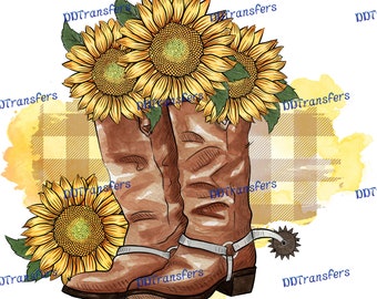 May include: A pair of brown leather cowboy boots with a spur on one boot. The boots are surrounded by yellow sunflowers on a plaid background.