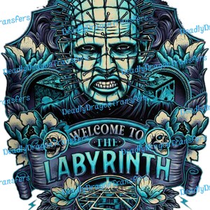 May include: A blue and purple graphic design featuring a character with a head full of nails, surrounded by flowers and skulls. The text "Welcome to the Labyrinth" is featured in a banner.