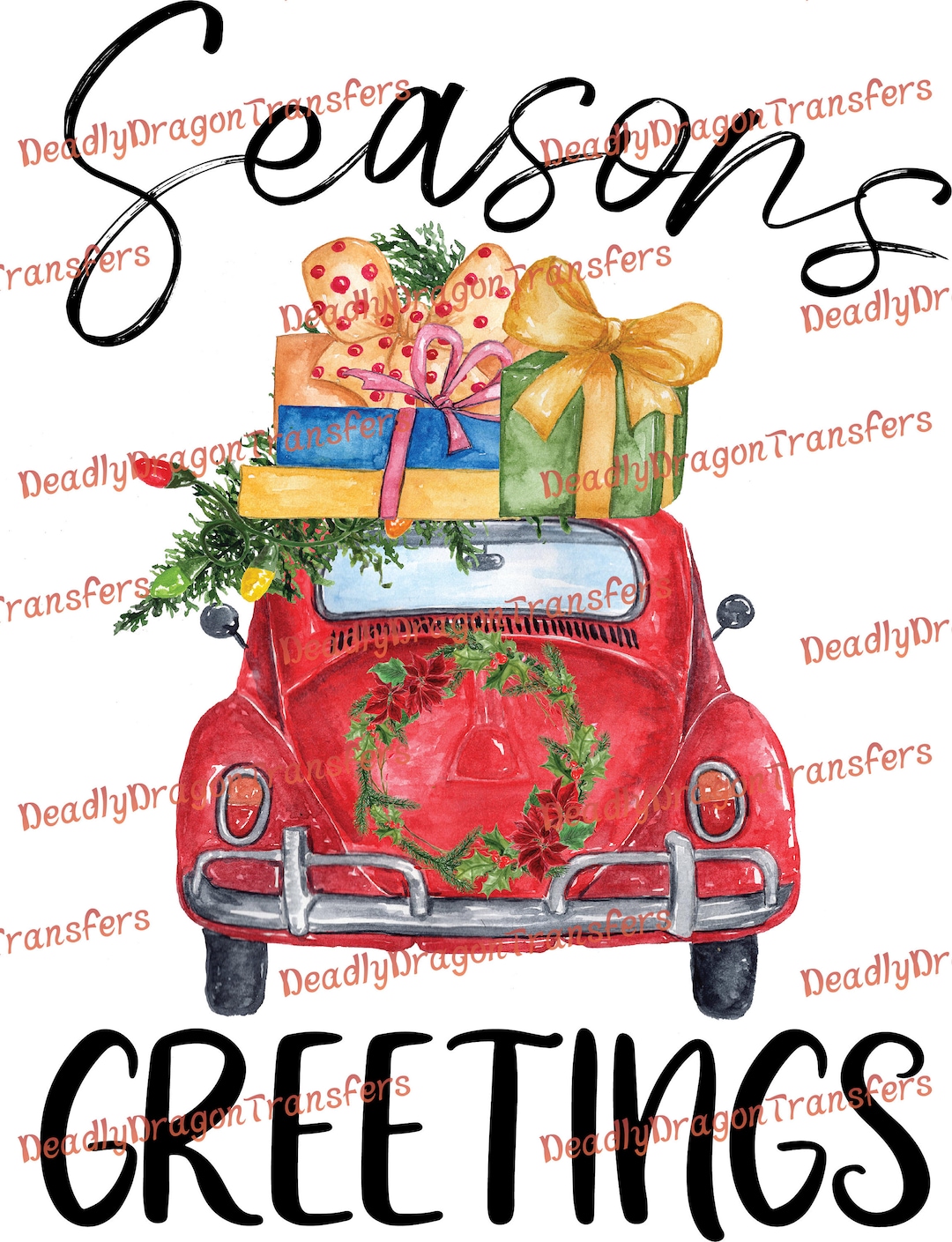 Red Car Seasons Greetings - Ready to Press - DTF Transfer - Etsy