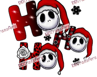 Op de afbeelding: Rode en zwarte kerstthema-afbeelding met het woord "Ho Ho" in grote letters. Elke letter heeft een ander patroon en een cartoonfiguur met een kerstmanmuts erop.