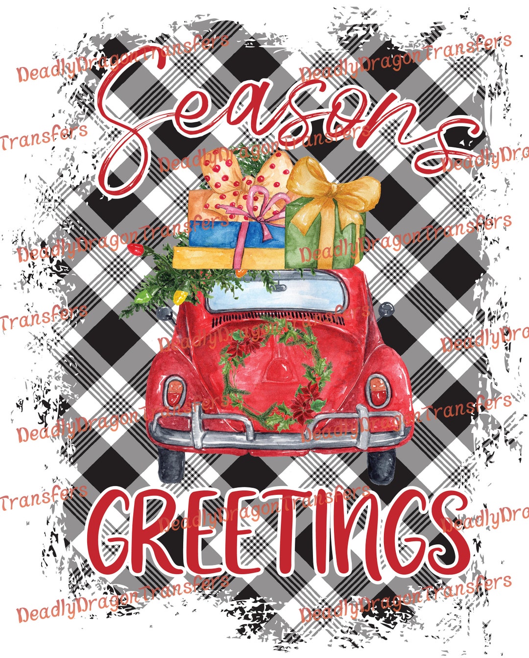 Red Car Seasons Greetings Plaid - Ready to Press - DTF Transfer - Etsy