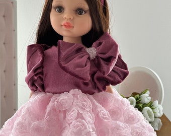 Beautiful doll with long brown hair in pink dress, Paola Reina 32 cm, doll clothes, gift for daughter, gift girl