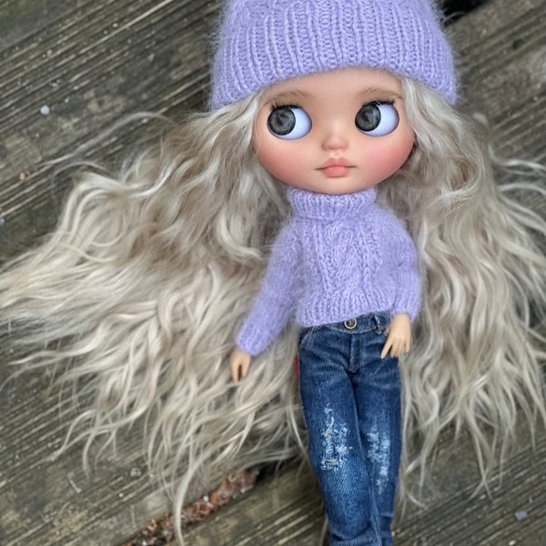 Clothing set purple for Blythe doll knitted hat and knitted sweater handmade, dolls clothes