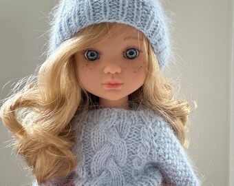 Schöne Puppe lockigen blonden Haaren in Stricken Pullover mit voluminösen Rock, Berjuan Eva, Puppen Kleidung, Geschenk Tochter. Spielzeug